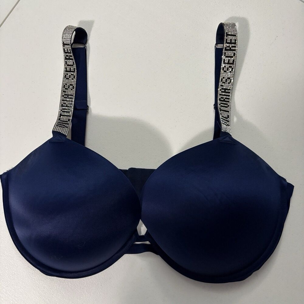 Victorias Secret Very Sexy Bombshell Bra 36DDD Navy Blue Rhinestone Strap Pushup